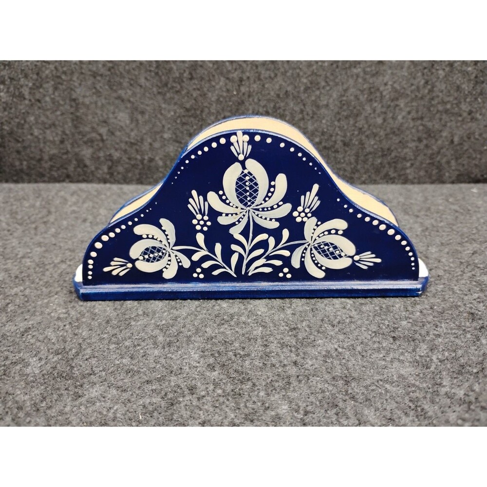 Vintage Wooden Handpainted Napkin Holder Blue White Tole Floral Cottagecore